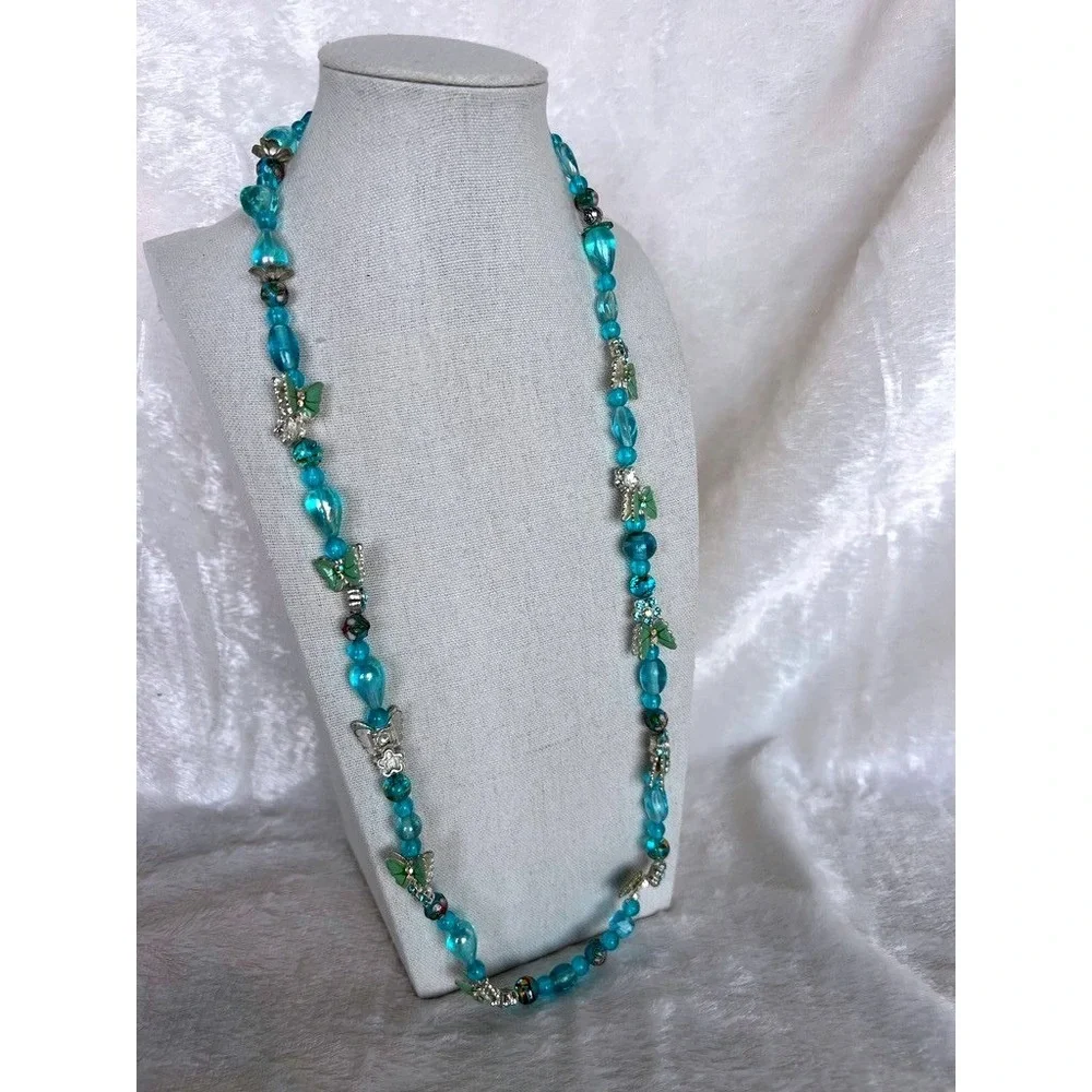 Turquoise Glass Bead Necklace Butterflies Lampwork Foil‎ Artisan 27